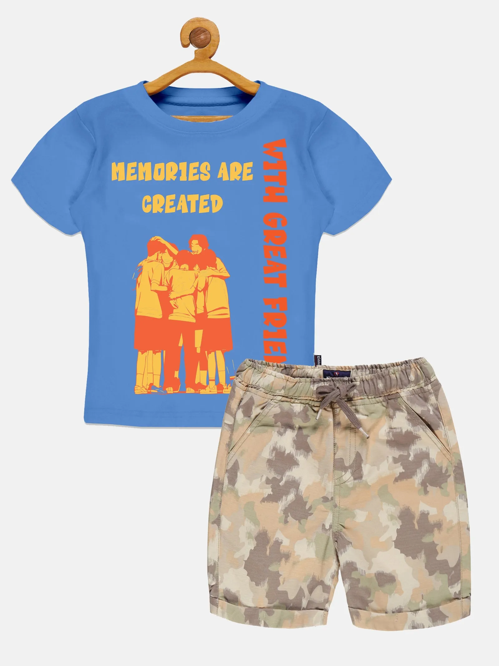 Boys Printed Round Neck Tee & Basic Roll up Shorts Set