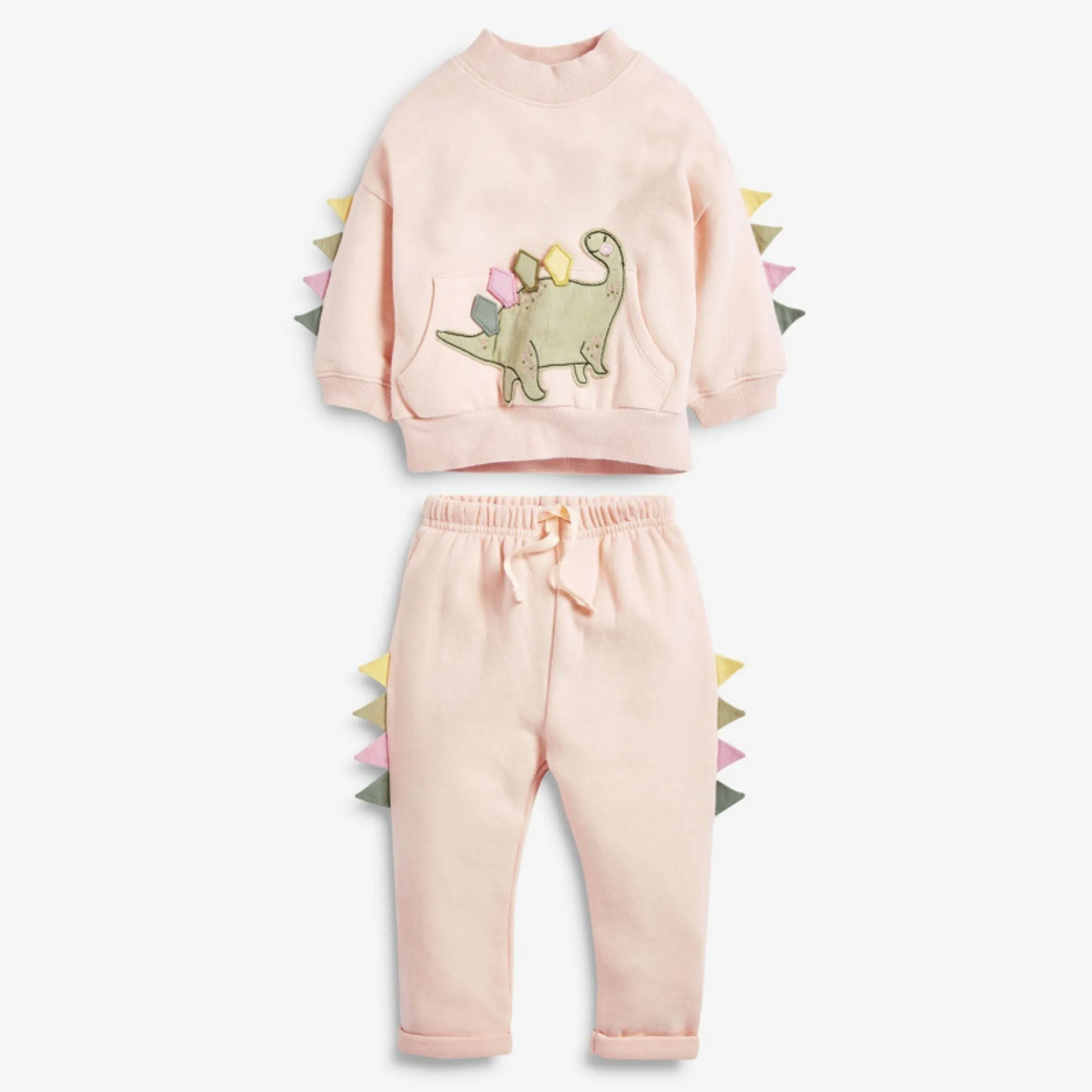 Full Sleeve Cute Dino Sweetshirt & Trouser Girls 2 Piece Outfit Set, Beige