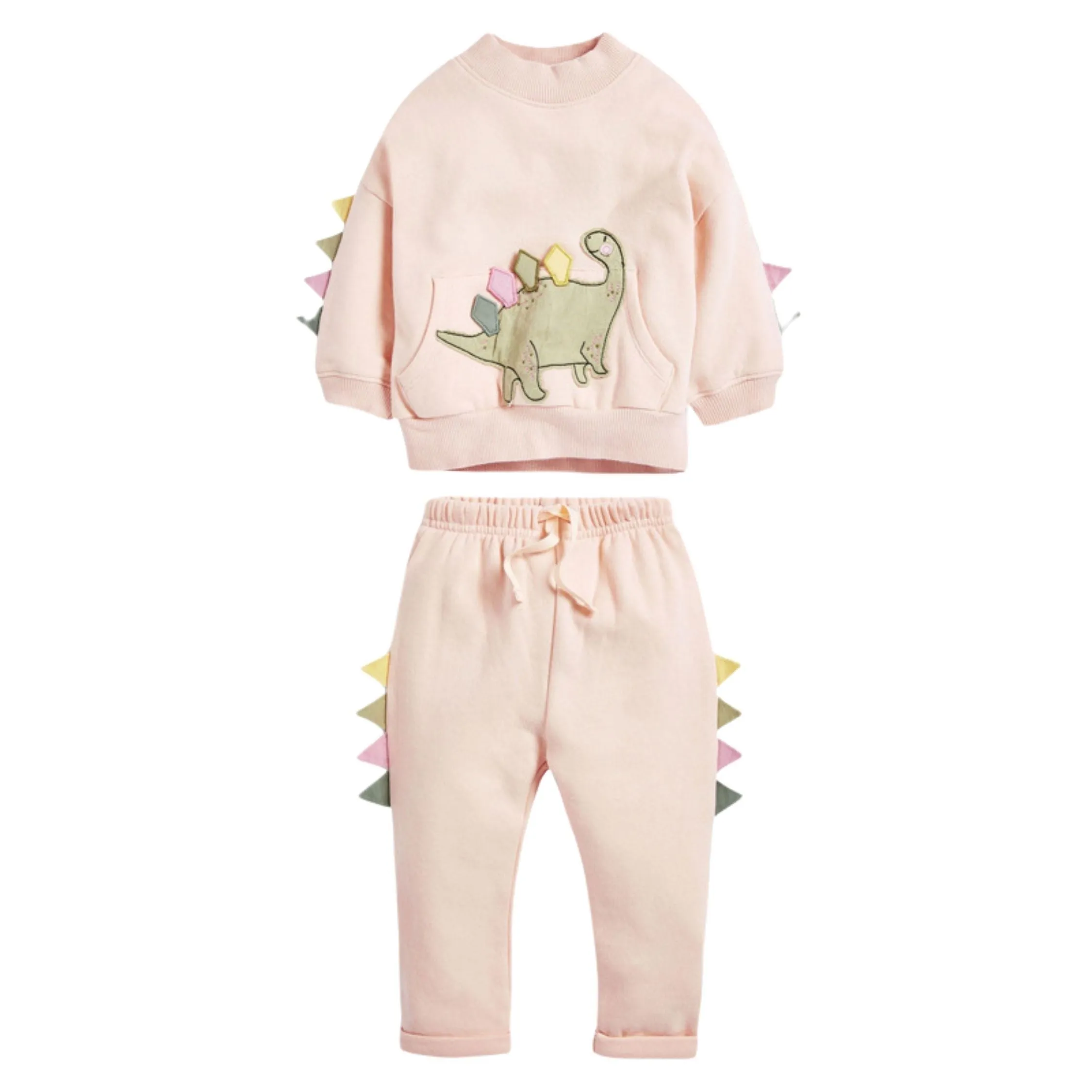 Full Sleeve Cute Dino Sweetshirt & Trouser Girls 2 Piece Outfit Set, Beige