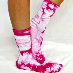 TIE DYE  yoga grip crew socks - bright pink